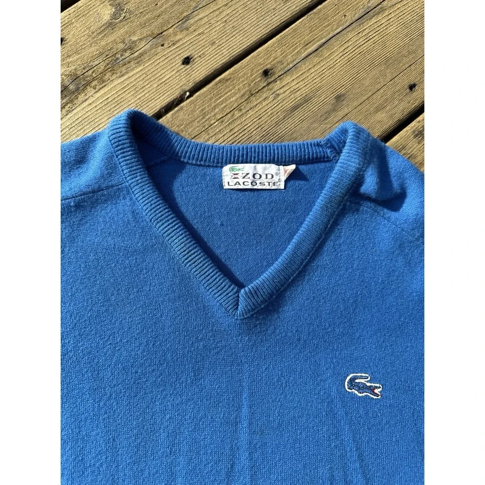 Vintage Izod Lacoste V Neck Sweater Blue Crocodile Logo Medium